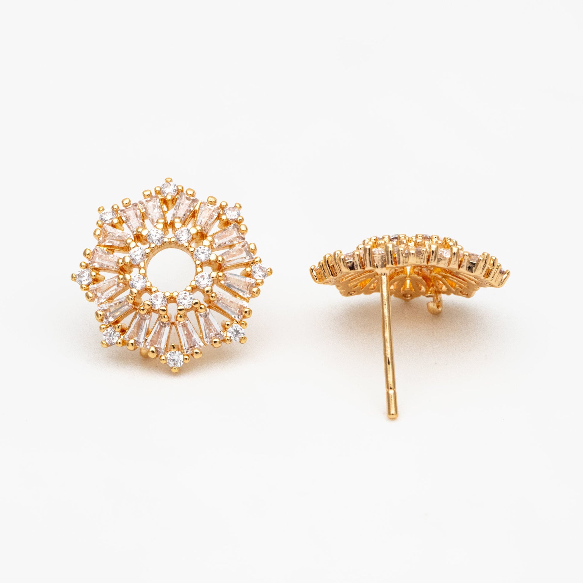 4pcs CZ Pave Gold Flower Earrings 14mm, Gold Plated Brass Stud Earrings (GB-4203)