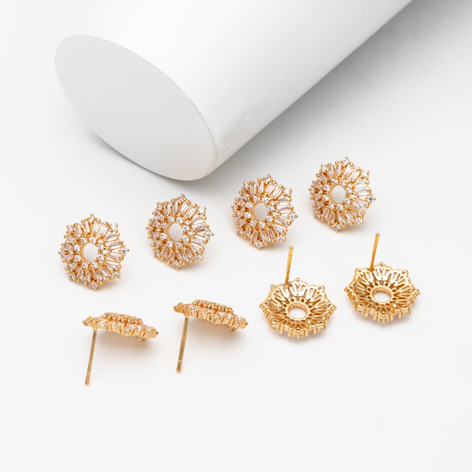 4pcs CZ Pave Gold Flower Earrings 14mm, Gold Plated Brass Stud Earrings (GB-4203)