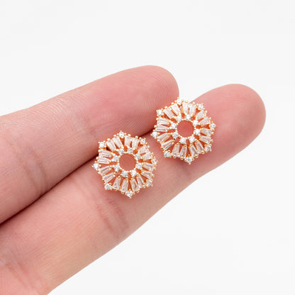 4pcs CZ Pave Gold Flower Earrings 14mm, Gold Plated Brass Stud Earrings (GB-4203)