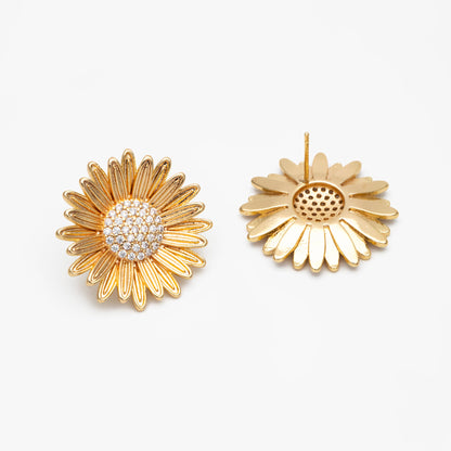 4pcs CZ Pave Gold/ Silver Sunflower Earrings, 25mm, Gold/ Rhodium Plated Brass Flower Stud Earrings (GB-4204)