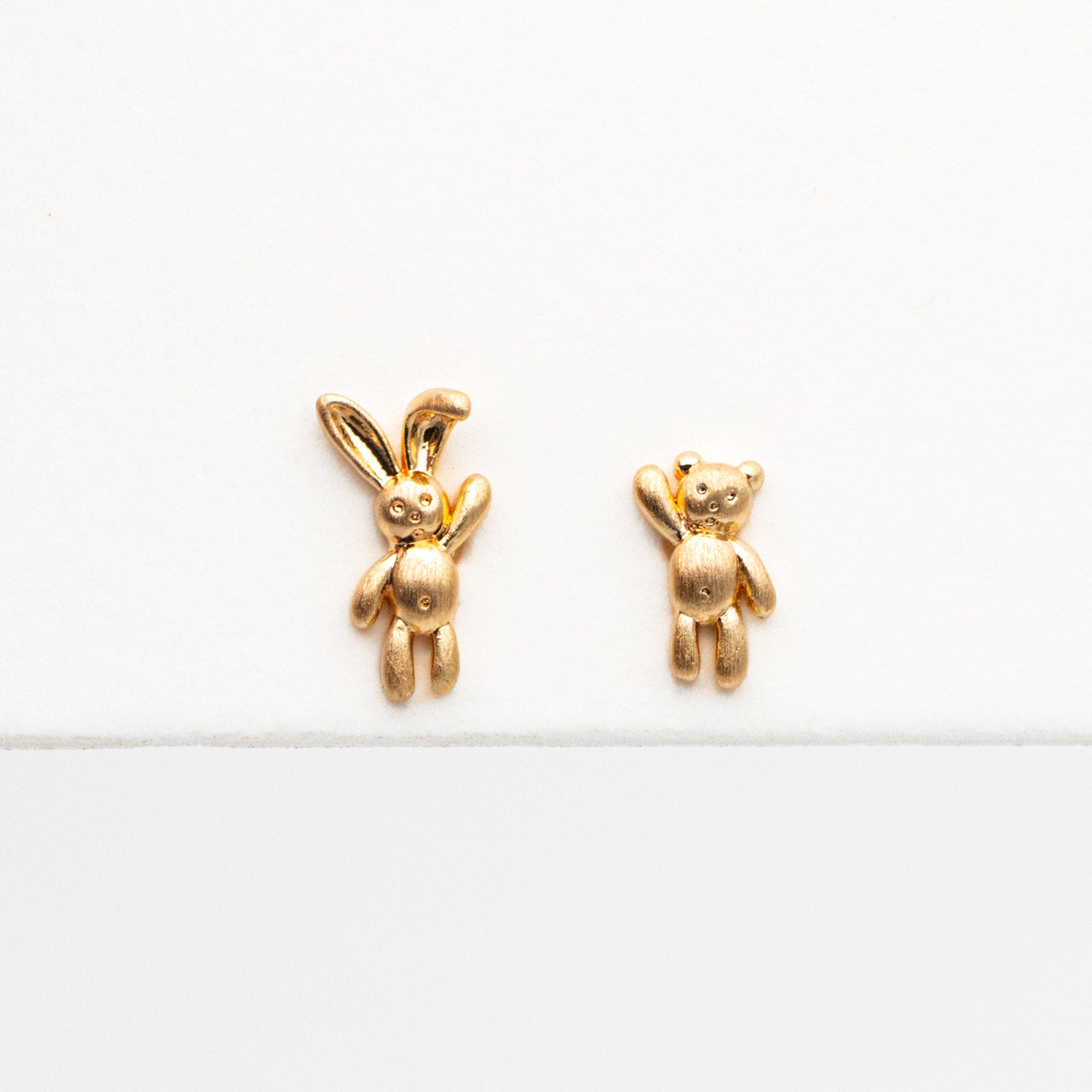 10pcs Gold/ Silver Rabbit and Bear Asymmetry Earrings, Gold/ Rhodium Plated Brass Minimalist Stud Earrings (GB-4207)