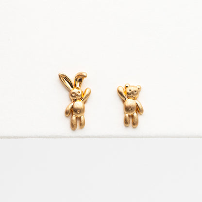 10pcs Gold/ Silver Rabbit and Bear Asymmetry Earrings, Gold/ Rhodium Plated Brass Minimalist Stud Earrings (GB-4207)