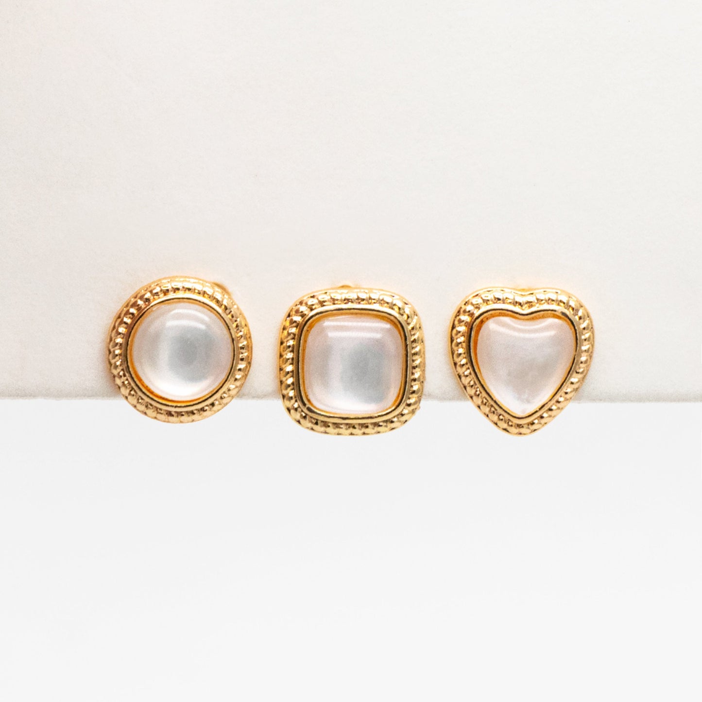 4pcs Shell Pave Round/ Square/ Heart/ Oval Earrings, Gold Plated Brass Geometric Stud Earrings (#GB-4214)