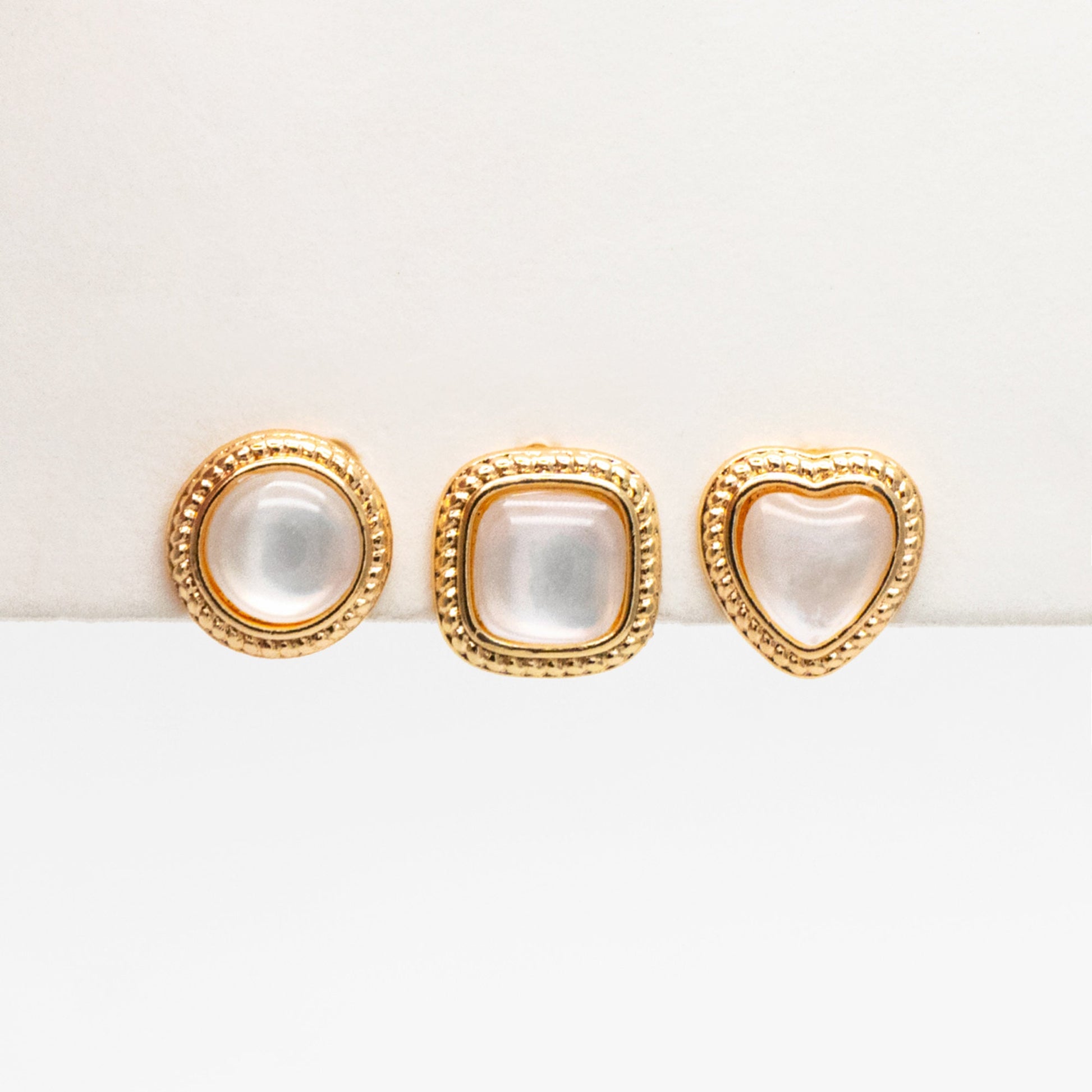 4pcs Shell Pave Round/ Square/ Heart/ Oval Earrings, Gold Plated Brass Geometric Stud Earrings (#GB-4214)