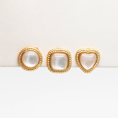 4pcs Shell Pave Round/ Square/ Heart/ Oval Earrings, Gold Plated Brass Geometric Stud Earrings (#GB-4214)