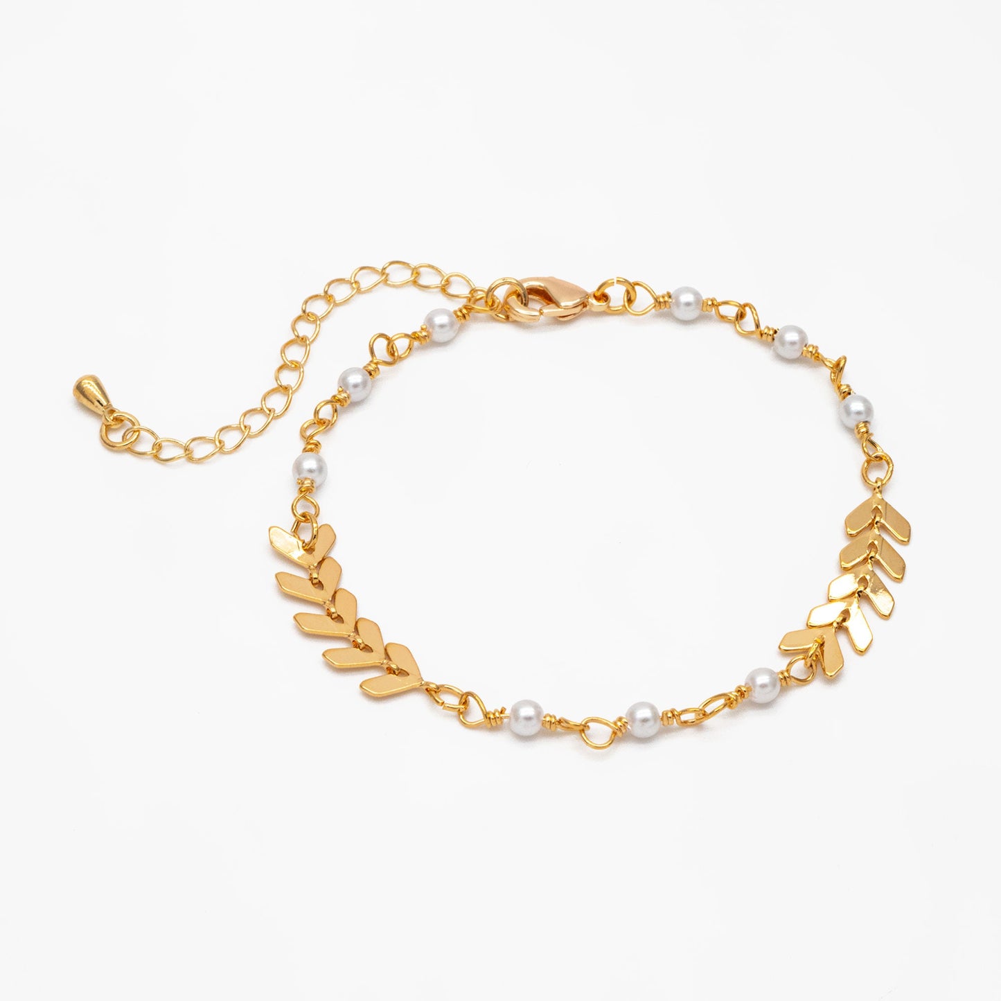 Gold Chevron Chain With Faux Pearl, Finished Bracelet/ Anklet/ Necklace with Extender Chain, Ready to Wear (#LK-507)