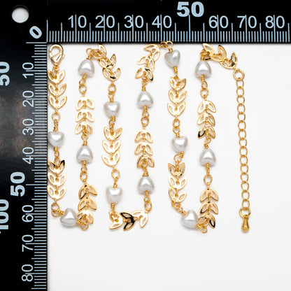 Gold Chevron Leaf Chain With Heart Faux Pearl, Finished Bracelet/ Anklet/ Necklace with Extender Chain, Ready to Wear (#LK-508)