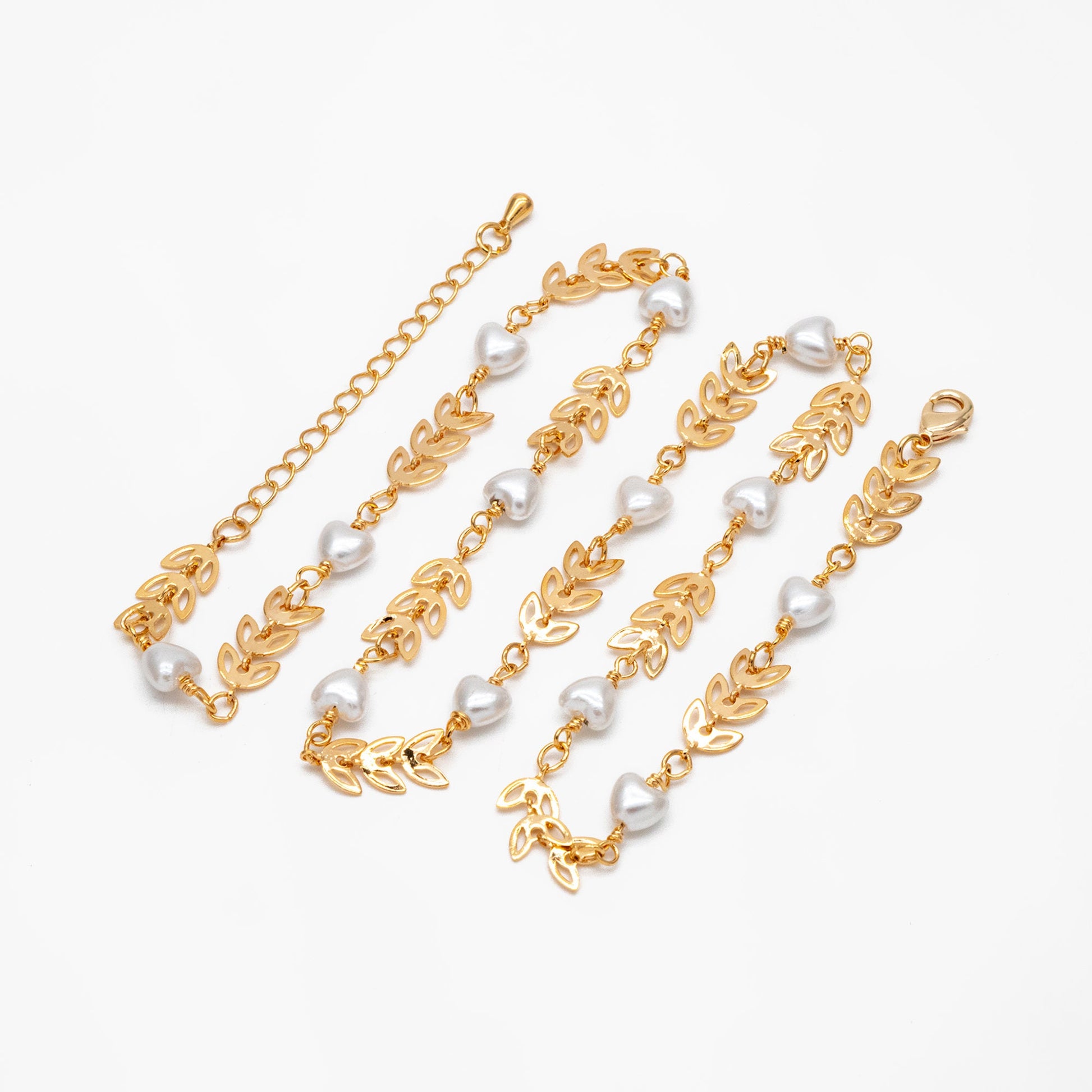 Gold Chevron Leaf Chain With Heart Faux Pearl, Finished Bracelet/ Anklet/ Necklace with Extender Chain, Ready to Wear (#LK-508)