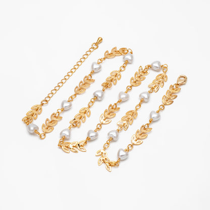 Gold Chevron Leaf Chain With Heart Faux Pearl, Finished Bracelet/ Anklet/ Necklace with Extender Chain, Ready to Wear (#LK-508)
