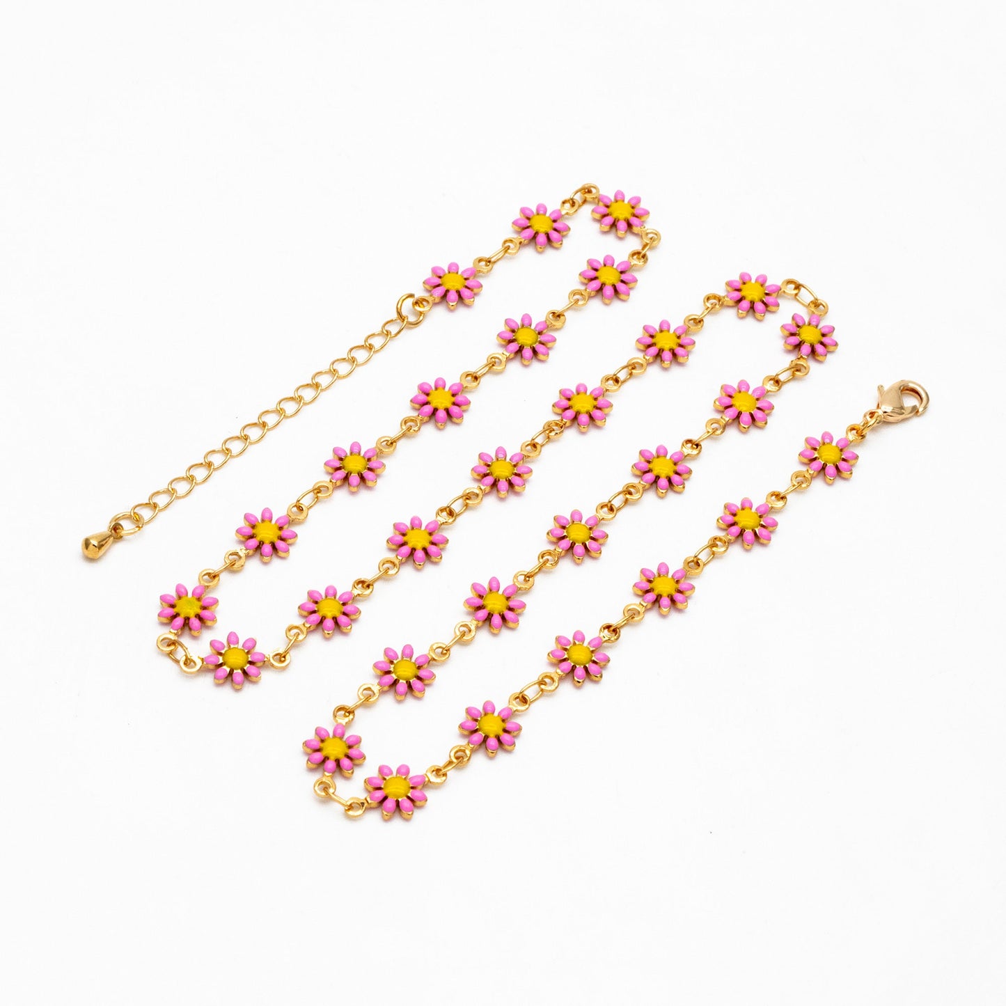 Gold Enamel Flower Chain, Pink Daisy Chain, Finished Bracelet/ Anklet/ Necklace with Extender Chain, Ready to Wear (#LK-578-2)