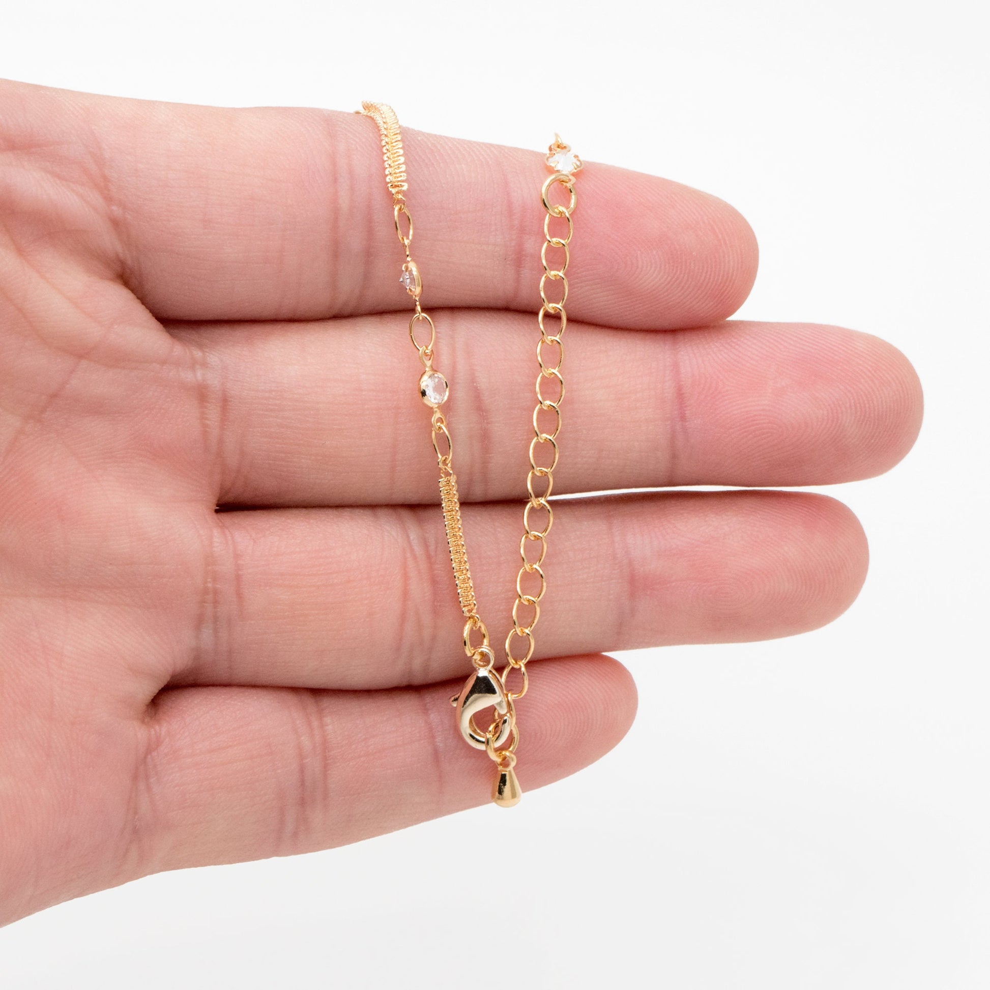 CZ Paved Gold Circle Bezel Connector Specialty Chains, Adjustable Bracelet/ Anklet/ Necklace with Extender Chain, Ready to Wear (#LK-593)