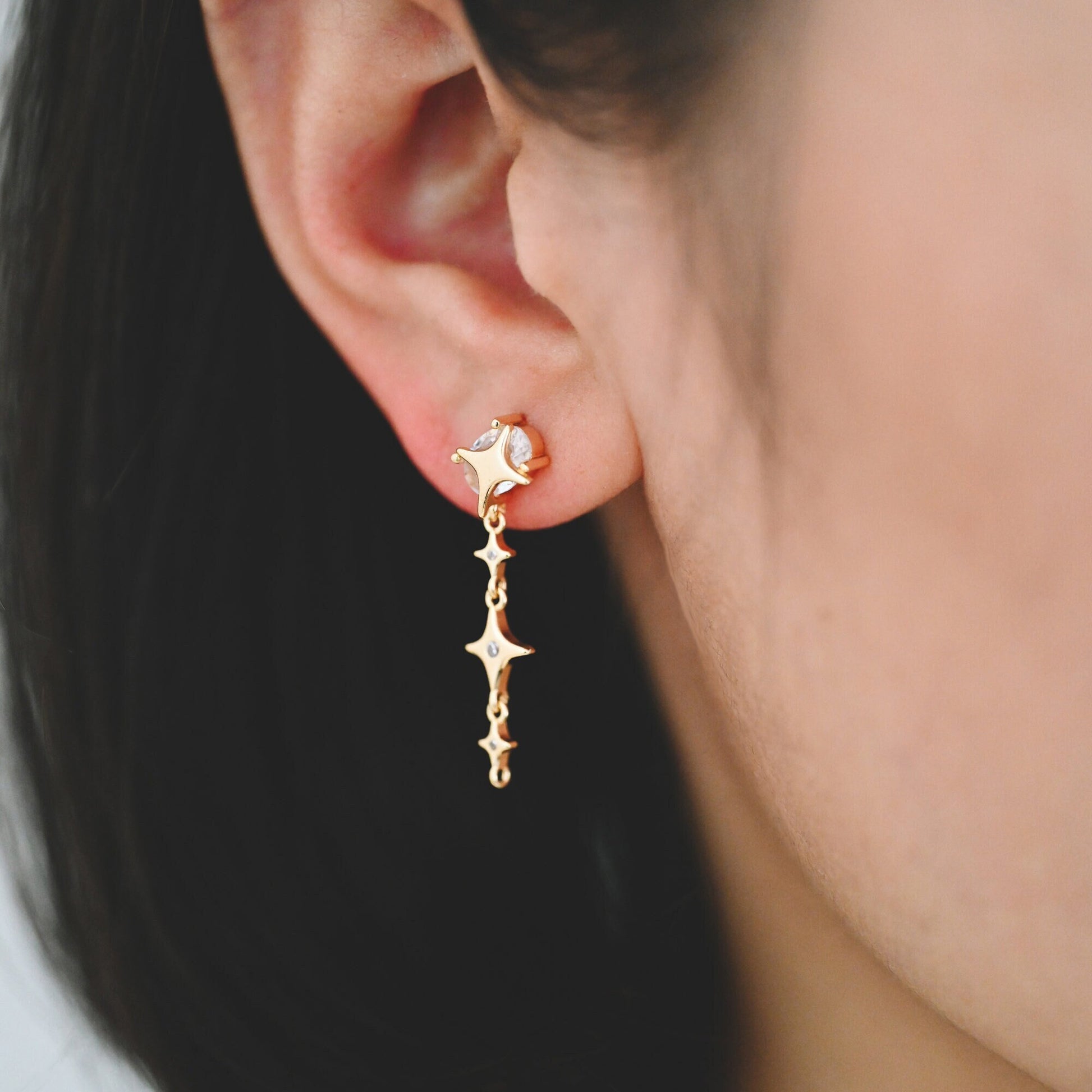 4pcs CZ Pave Gold Cross Star Dangle Earrings with Loop, Gold Plated Brass, Dainty Star Stud Earrings (GB-3641)