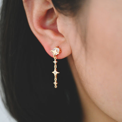 4pcs CZ Pave Gold Cross Star Dangle Earrings with Loop, Gold Plated Brass, Dainty Star Stud Earrings (GB-3641)