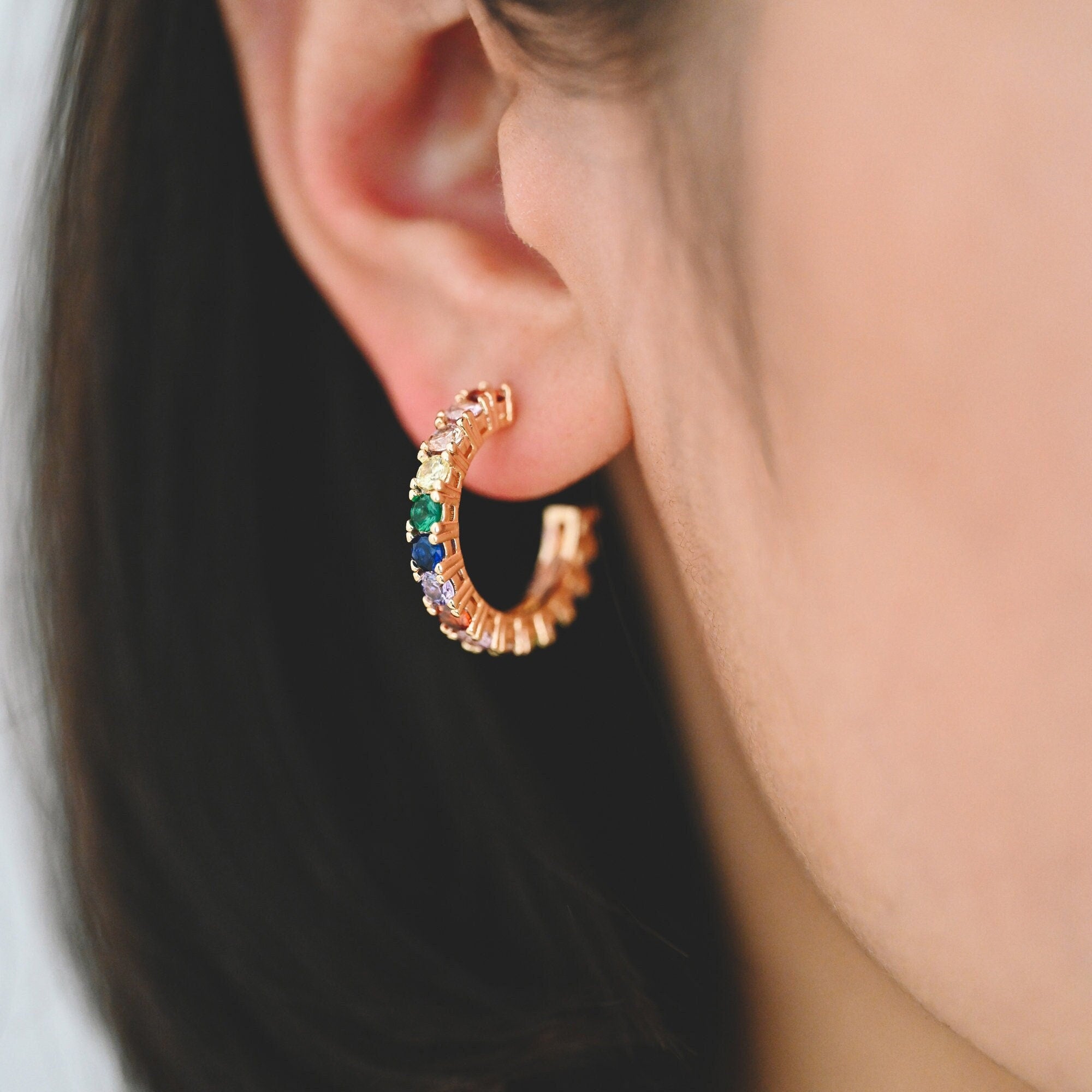 4pcs CZ Pave Hoop Stud Earrings 21mm, 18K Gold Plated Brass, Colorful Rainbow Post Earrings (GB-3646)