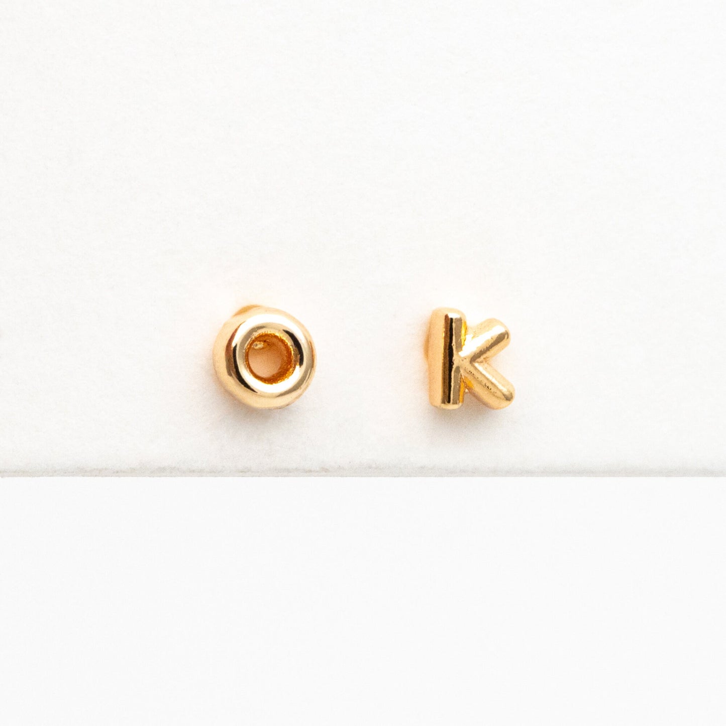 10pcs Gold Alphabet Earrings 4mm, English Letter Studs, Real Gold Plated Brass, You Choose Letter (GB-4221)