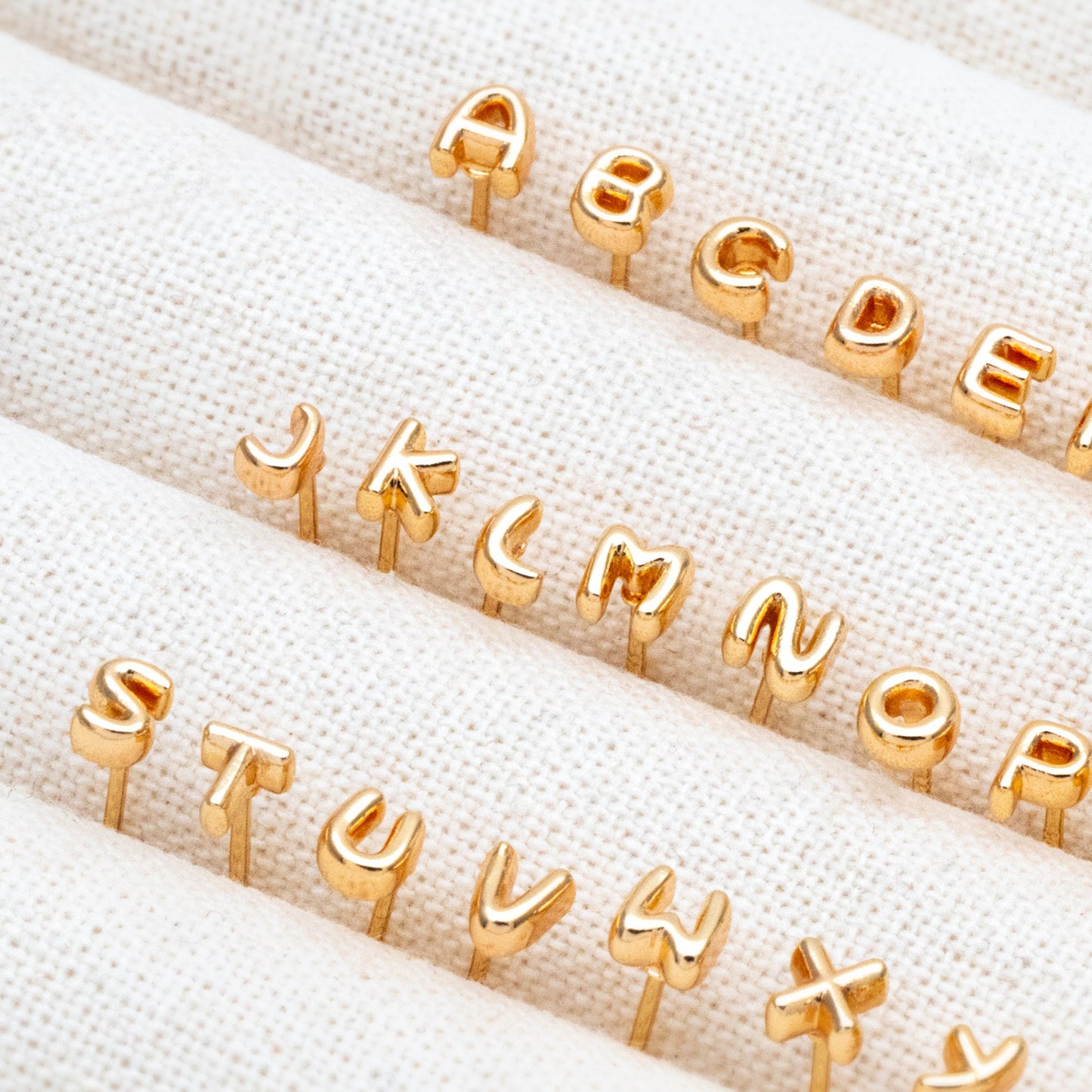 10pcs Gold Alphabet Earrings 4mm, English Letter Studs, Real Gold Plated Brass, You Choose Letter (GB-4221)