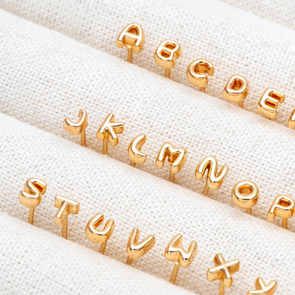 10pcs Gold Alphabet Earrings 4mm, English Letter Studs, Real Gold Plated Brass, You Choose Letter (GB-4221)