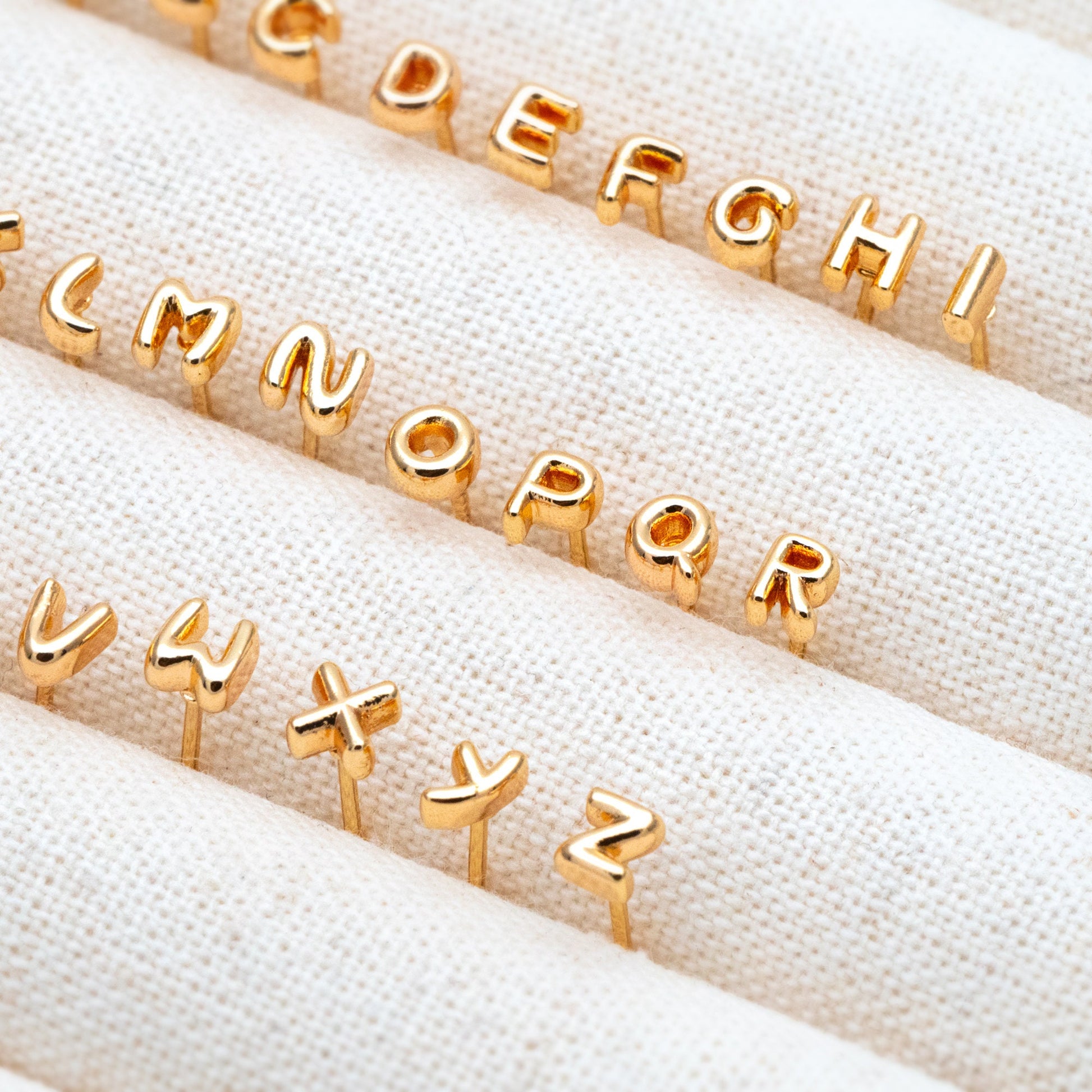 10pcs Gold Alphabet Earrings 4mm, English Letter Studs, Real Gold Plated Brass, You Choose Letter (GB-4221)