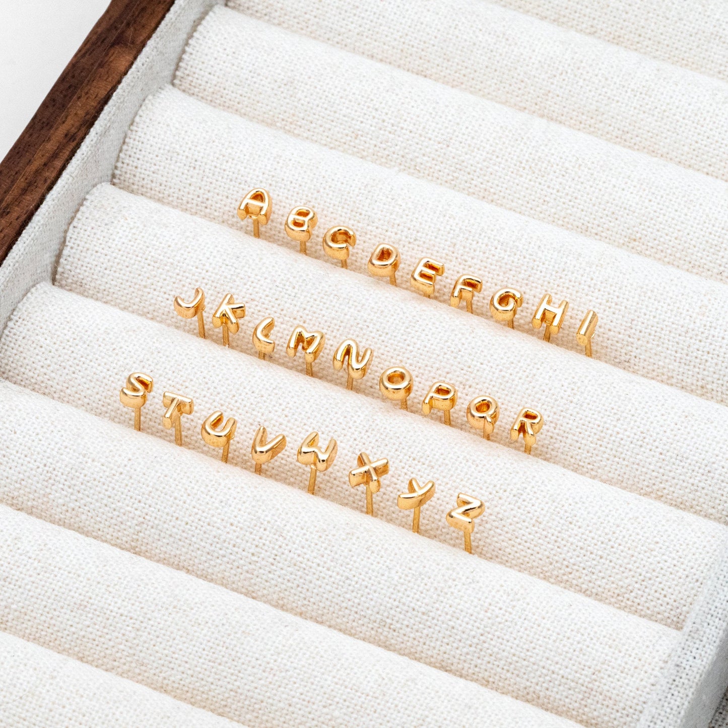 10pcs Gold Alphabet Earrings 4mm, English Letter Studs, Real Gold Plated Brass, You Choose Letter (GB-4221)