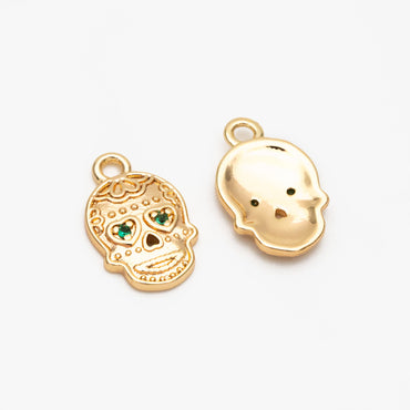 10pcs CZ Pave Gold Skull Charms 13x9mm, 18K Gold plated Brass Skull Pendants (GB-4223)