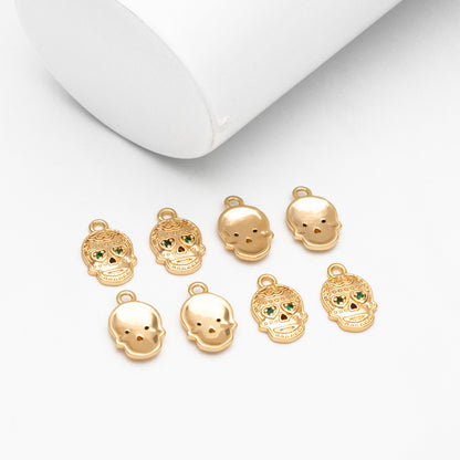 10pcs CZ Pave Gold Skull Charms 13x9mm, 18K Gold plated Brass Skull Pendants (GB-4223)