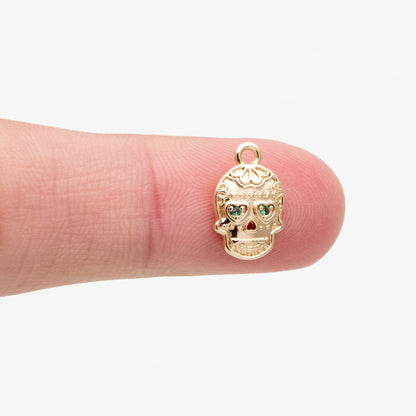 10pcs CZ Pave Gold Skull Charms 13x9mm, 18K Gold plated Brass Skull Pendants (GB-4223)