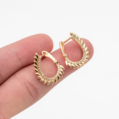 4pcs CZ Pave Gold Feather Earrings, 18K Gold plated Brass, Dainty Click-in Earrings (GB-4229)