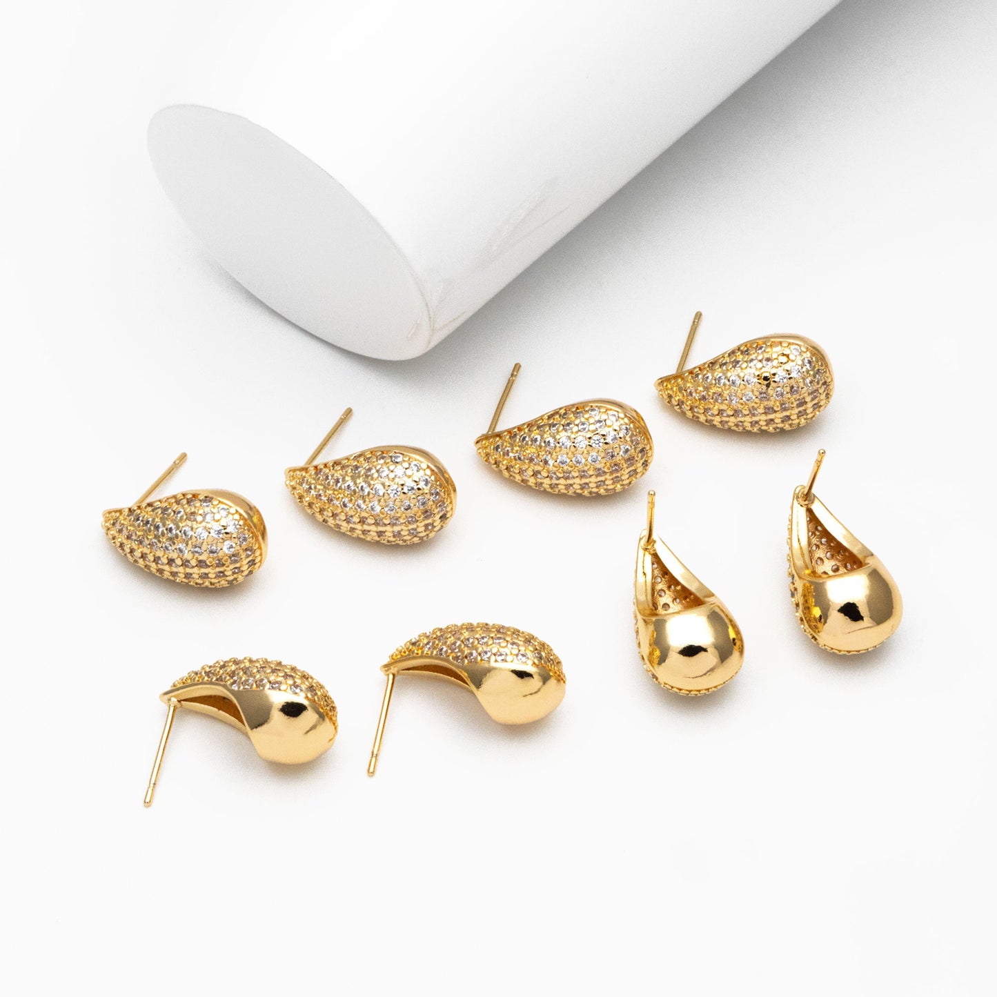 4pcs CZ Pave Teardrop Earrings, 18K Gold Plated Brass, Water Drop Stud Earrings (GB-4245)