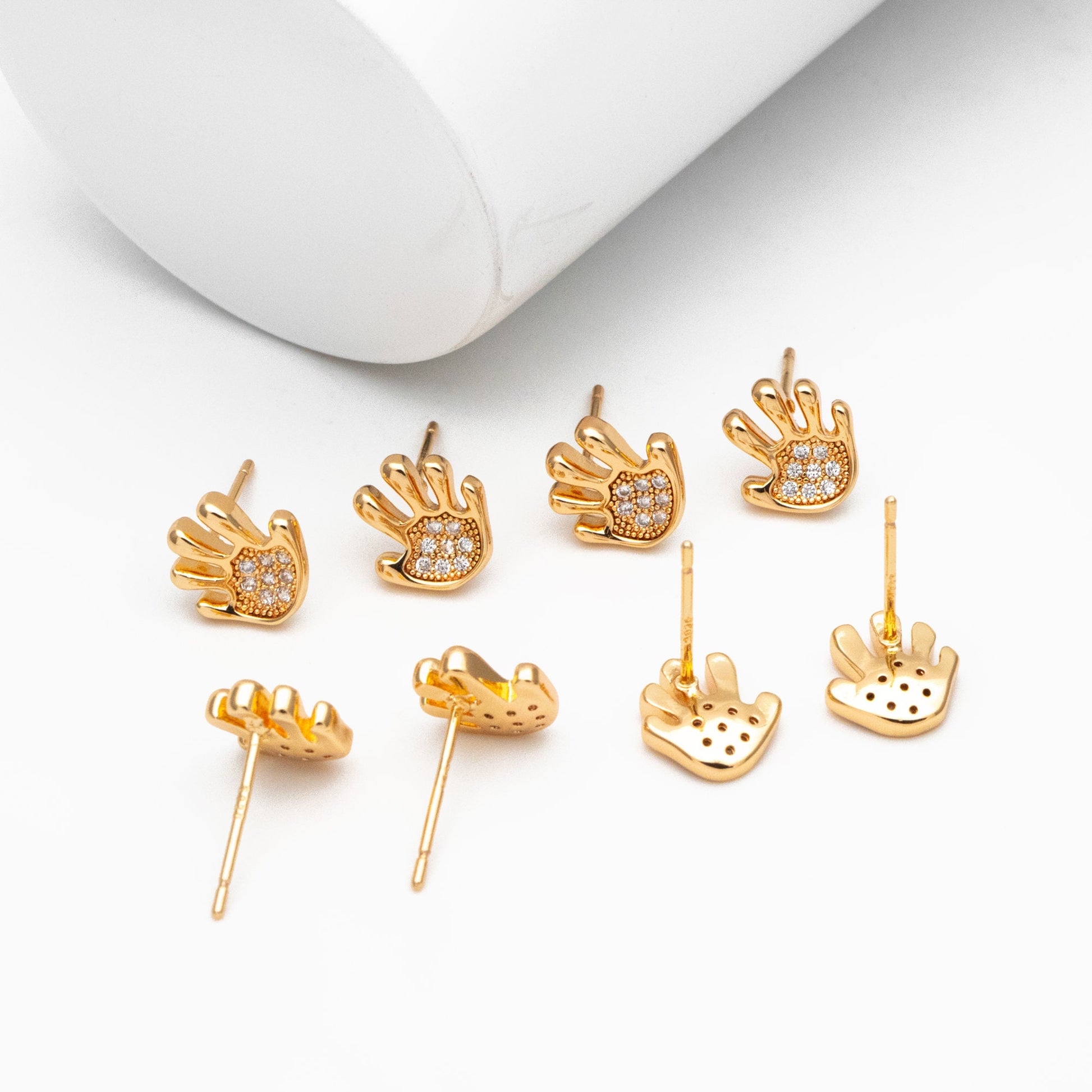 10pcs CZ Pave Gold Hand Earrings 9mm, Gold Plated Brass, Dainty Gesture Stud Earrings (GB-4248)
