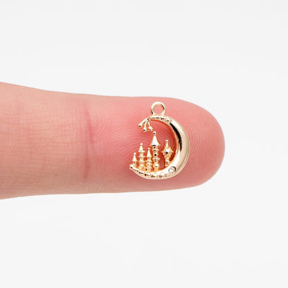4pcs CZ Pave Gold Moon Castle Charm, 18K Gold plated Brass, Celestial Pendants (#GB-2433-A)