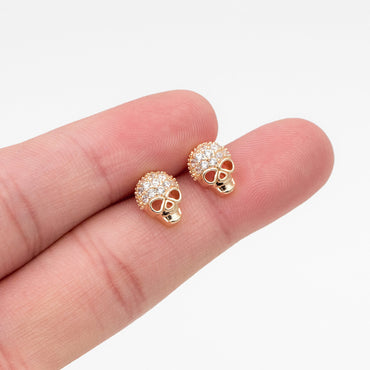 4pcs CZ Pave Gold Skull Earrings, Gold plated Brass, Dainty Stud Earrings (GB-4220)