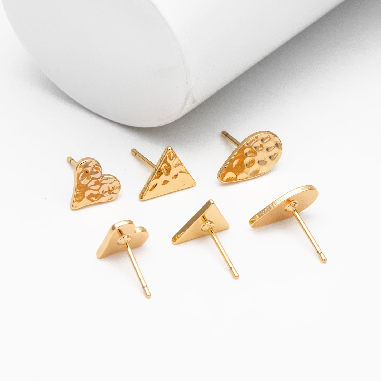 10pcs Gold Hammered Heart/ Triangle/ Teardrop Minimalist Earrings, Real Gold Plated Brass Geometric Earring Studs (GB-4190)