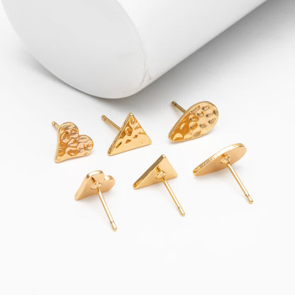 10pcs Gold Hammered Heart/ Triangle/ Teardrop Minimalist Earrings, Real Gold Plated Brass Geometric Earring Studs (GB-4190)
