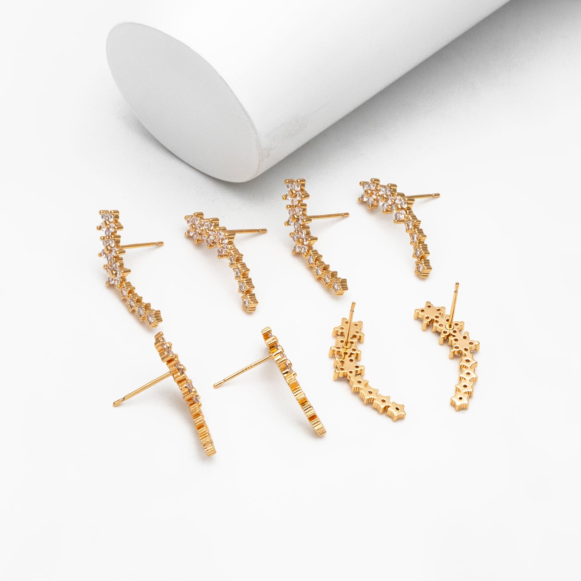 4pcs CZ Pave Gold Flower Earrings, 18K Gold Plated Brass, Shooting Star Stud Earrings (GB-4249)