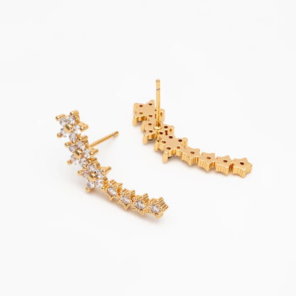 4pcs CZ Pave Gold Flower Earrings, 18K Gold Plated Brass, Shooting Star Stud Earrings (GB-4249)