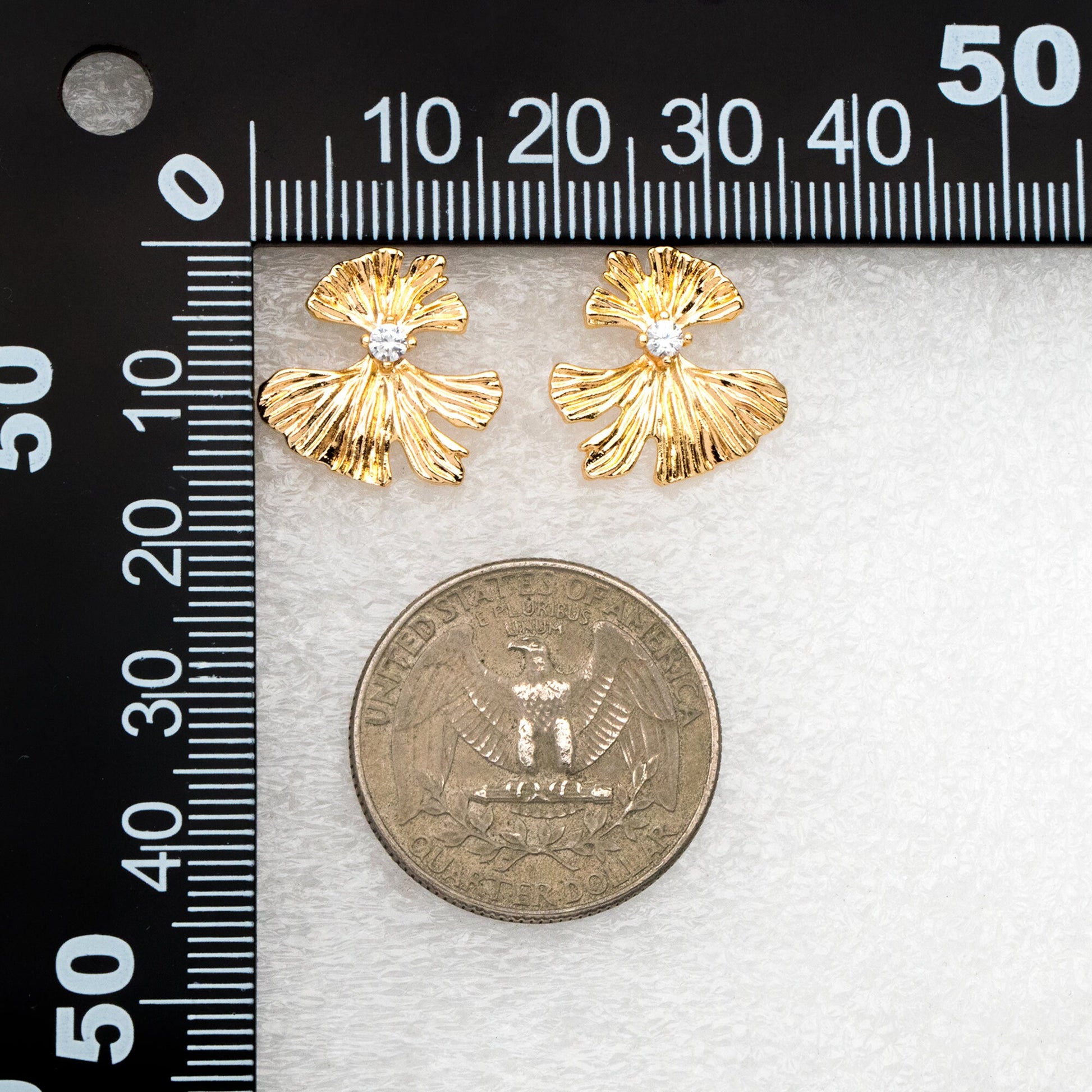 4pcs CZ Pave Gold Ginkgo Leaf Earrings 16mm, Gold Plated Brass Leaf Stud Earrings (GB-4225)