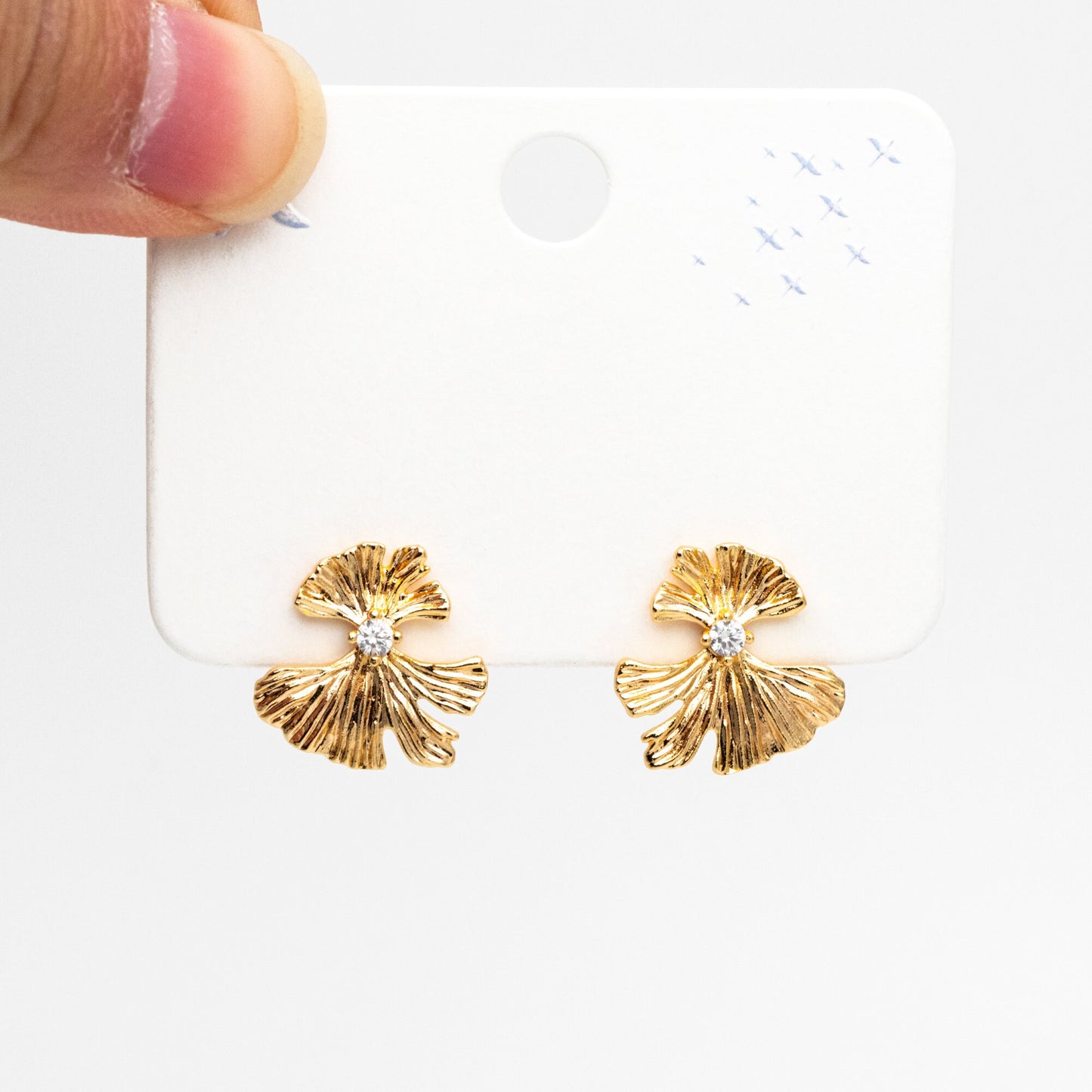 4pcs CZ Pave Gold Ginkgo Leaf Earrings 16mm, Gold Plated Brass Leaf Stud Earrings (GB-4225)