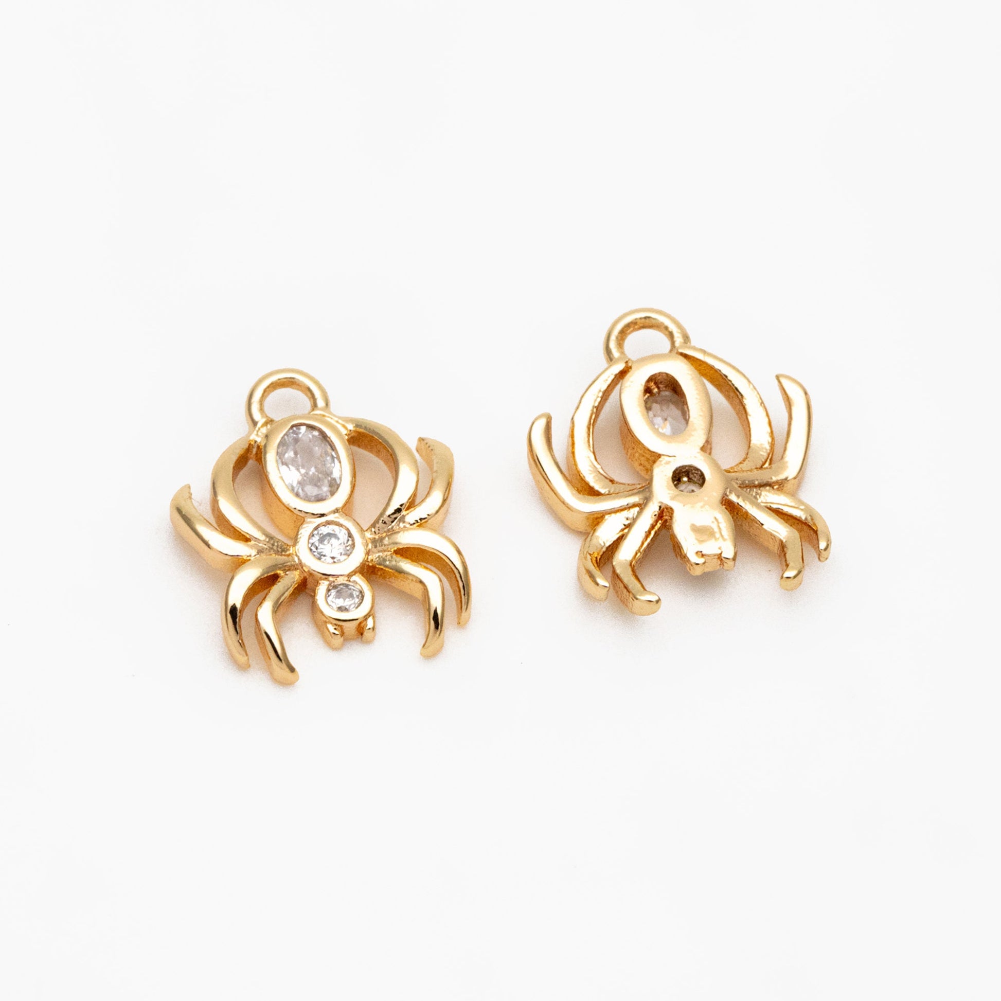 4pcs Gold CZ Spider Charms, Real Gold plated Brass, Cubic Zirconia Araneid Pendants (GB-672-E)
