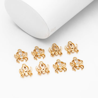 4pcs Gold CZ Spider Charms, Real Gold plated Brass, Cubic Zirconia Araneid Pendants (GB-672-E)