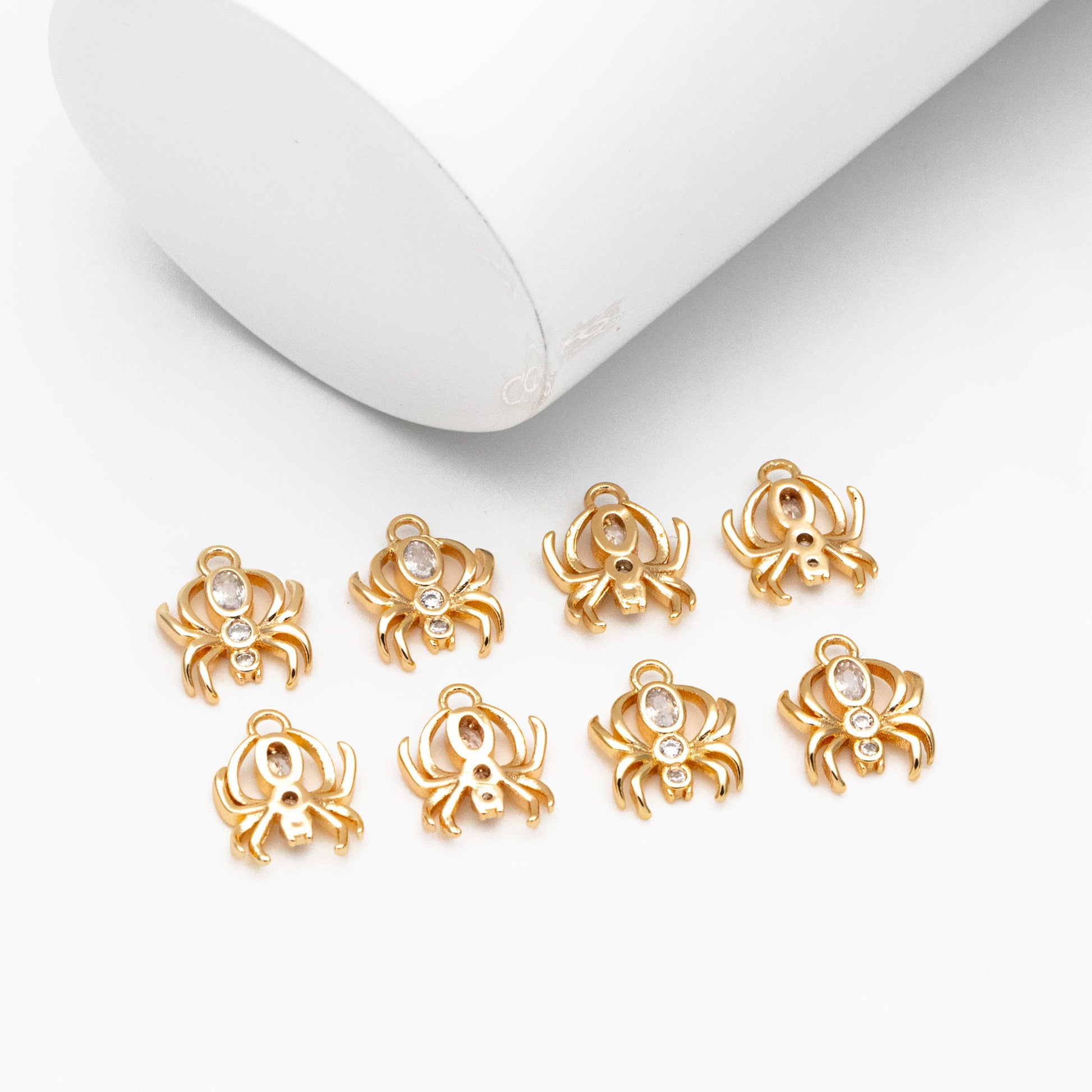 4pcs Gold CZ Spider Charms, Real Gold plated Brass, Cubic Zirconia Araneid Pendants (GB-672-E)