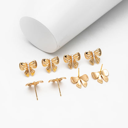 4pcs CZ Pave Gold Bowknot Earrings, 18K Real Gold plated Brass, Bow Knot Stud Earring (GB-4228)