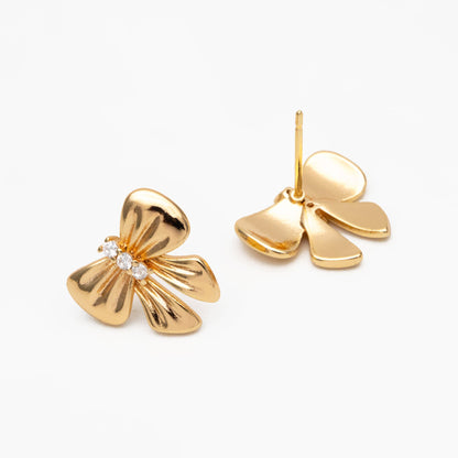 4pcs CZ Pave Gold Bowknot Earrings, 18K Real Gold plated Brass, Bow Knot Stud Earring (GB-4228)
