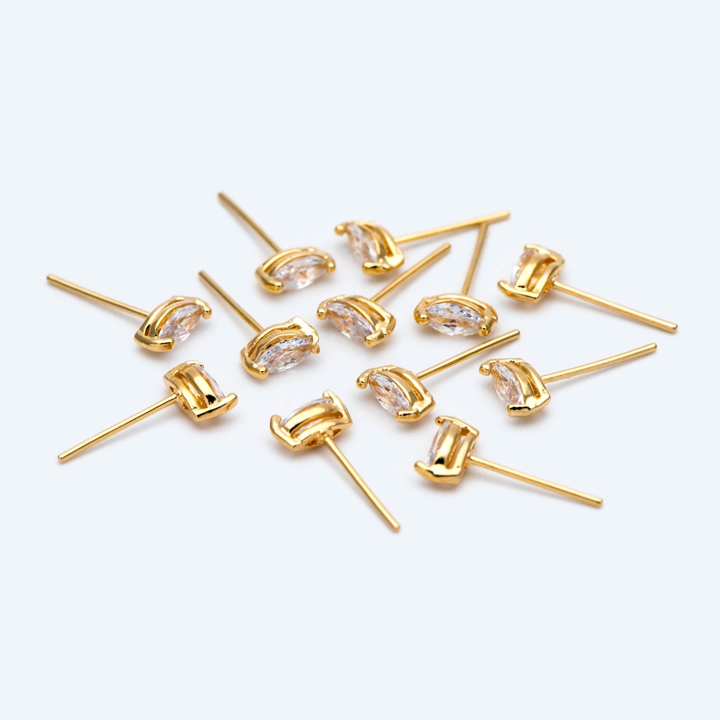 10pcs Marquise CZ Stud Earring 7.2x3.2mm, Gold/ Rhodium Plated Brass Stud Earrings (#GB-2618-A)