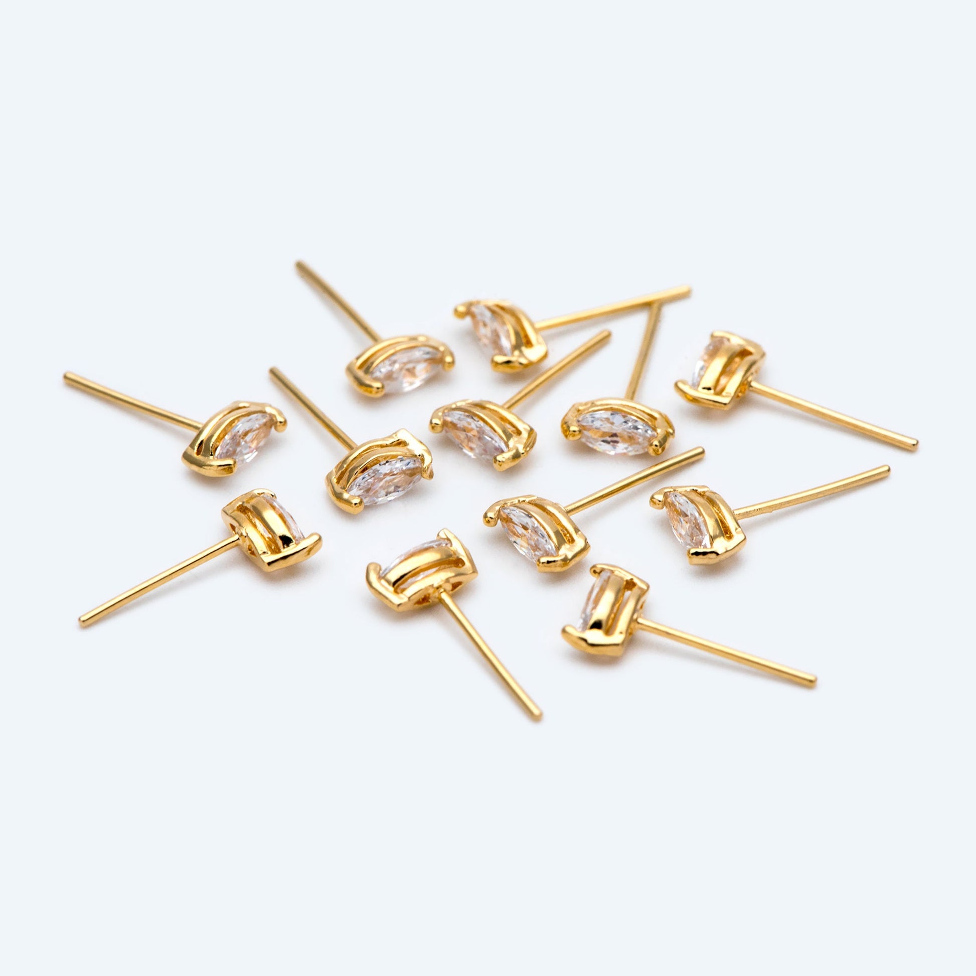 10pcs Marquise CZ Stud Earring 7.2x3.2mm, Gold/ Rhodium Plated Brass Stud Earrings (#GB-2618-A)