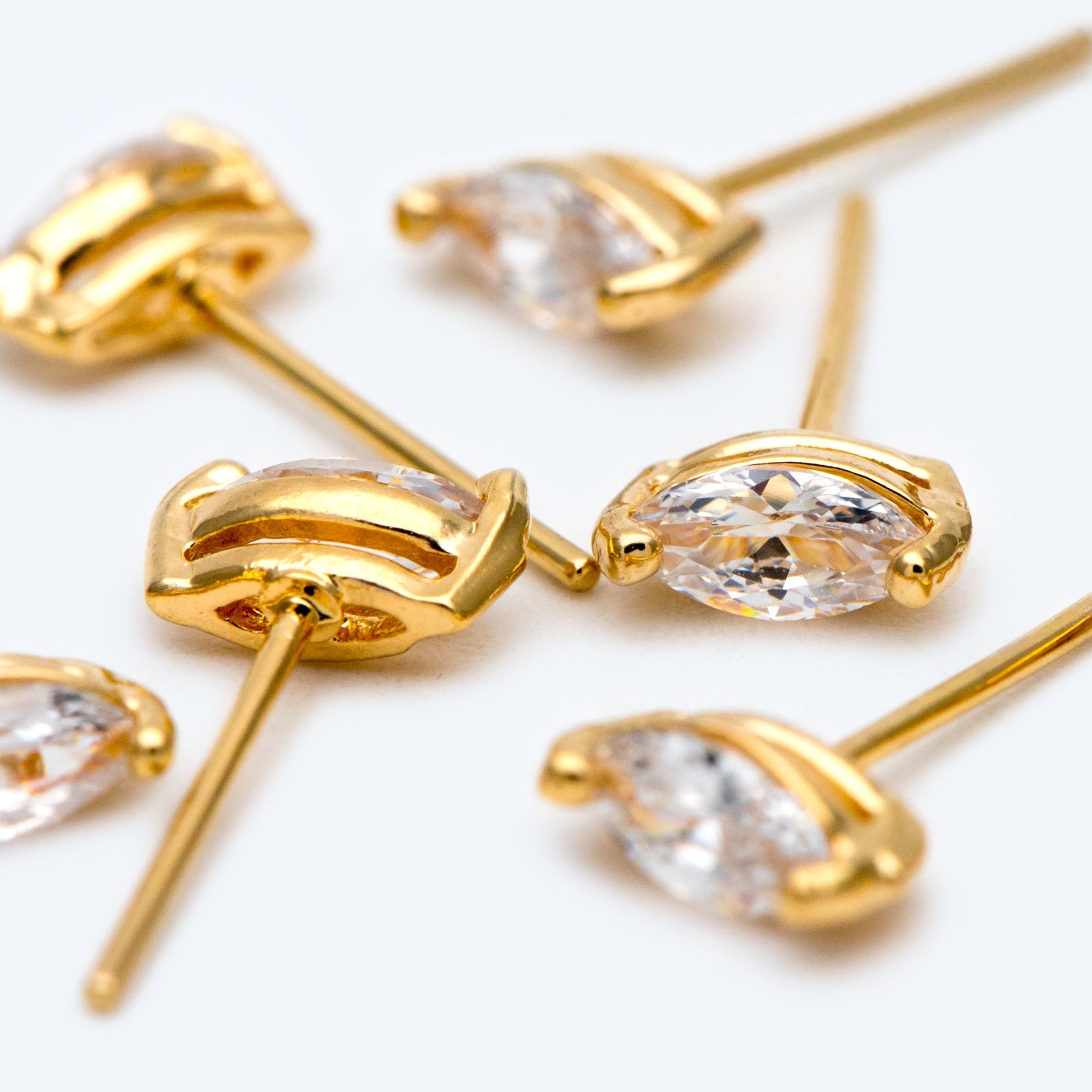 10pcs Marquise CZ Stud Earring 7.2x3.2mm, Gold/ Rhodium Plated Brass Stud Earrings (#GB-2618-A)