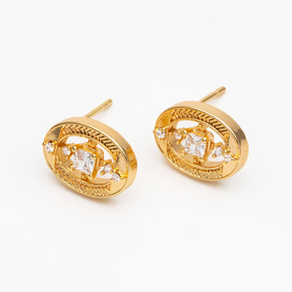 4pcs CZ Pave Gold Oval Earrings, Gold Plated Brass, Dainty Geometric Stud Earrings (#GB-4251)