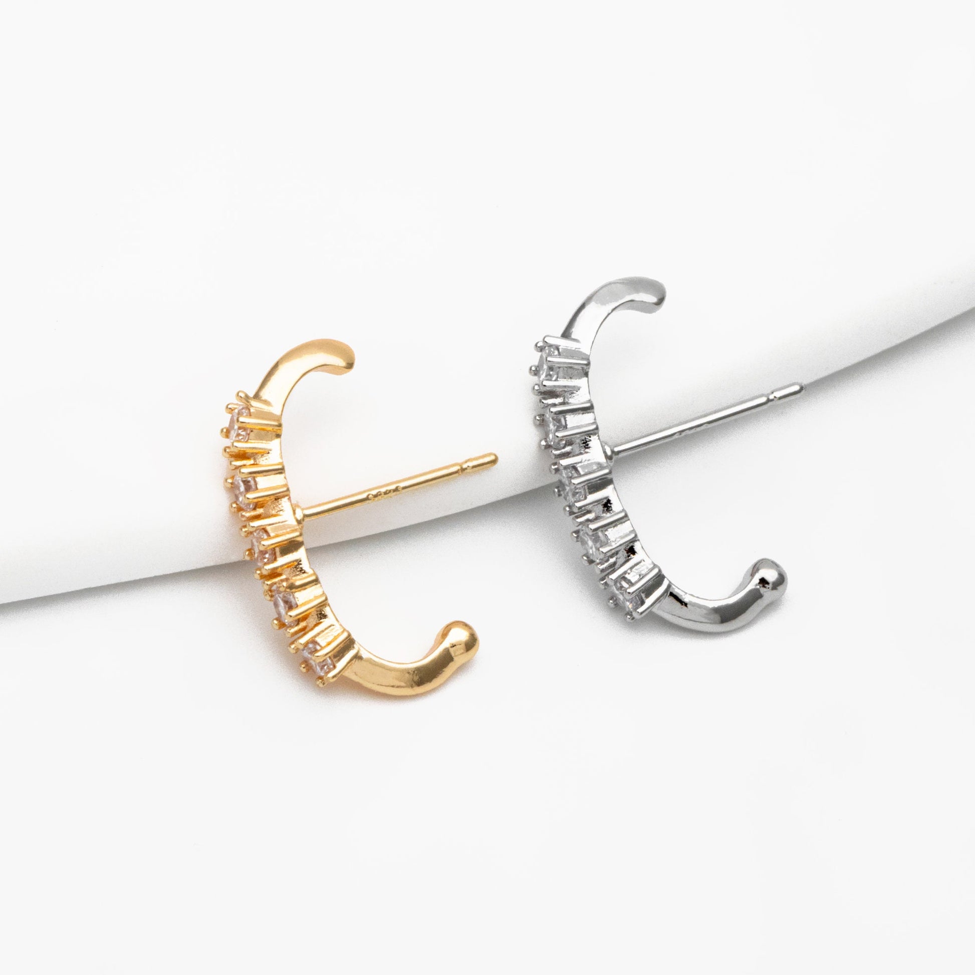 4pcs CZ Pave Gold/ Silver Curved Bar Earrings, Real Gold/ Rhodium Plated Brass Stick Stud Earrings (#GB-4253)