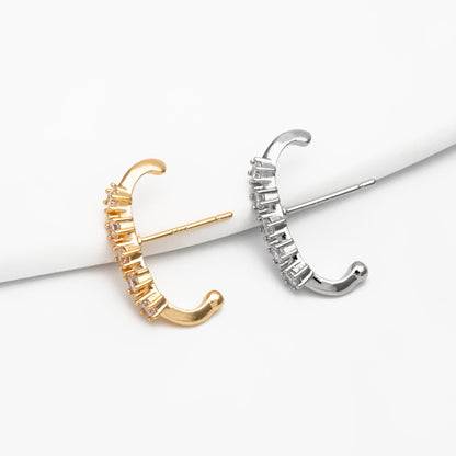 4pcs CZ Pave Gold/ Silver Curved Bar Earrings, Real Gold/ Rhodium Plated Brass Stick Stud Earrings (#GB-4253)