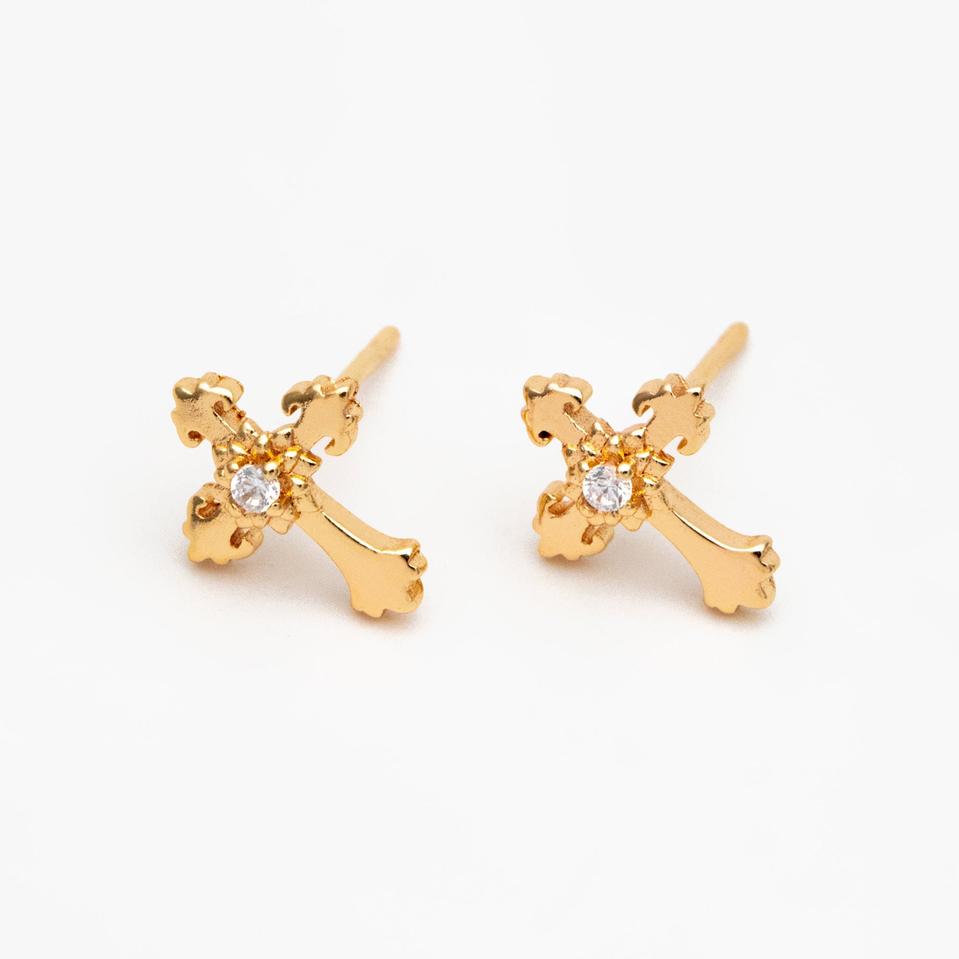 10pcs CZ Pave Gold Cross Earrings 11x9mm, Gold Plated Brass Small Cross Stud Earring (#GB-4232)