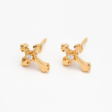 10pcs CZ Pave Gold Cross Earrings 11x9mm, Gold Plated Brass Small Cross Stud Earring (#GB-4232)